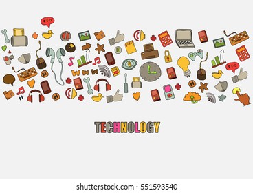 Technology background with media icons hand lettering and doodles elements background. drawing by hand vector.