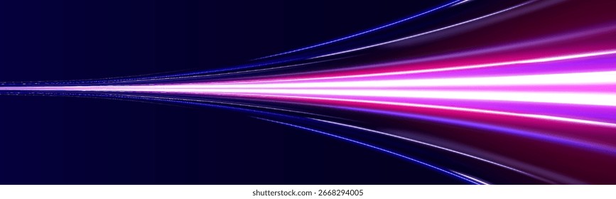 Fondo de Tecnología con efecto de luz de neón en movimiento. Abstractas rastros de luz de neón en un diseño futurista de movimiento de alta velocidad. Vector brillo luz fuego bengala traza.
