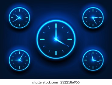 Technology background of multiple watch used to tell time dial clock That shines blue on a dark blue background, with the case making it stand out from the background.