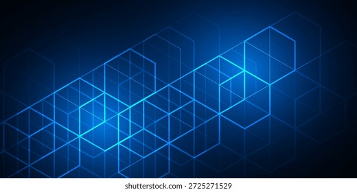Tecnología de fondo. Abstracción geométrica de neón. Cubos y líneas. Ilustración vectorial.