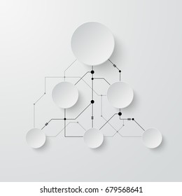  Antecedentes tecnológicos. Círculos cortados de papel con sombras y líneas. Ilustración vectorial.