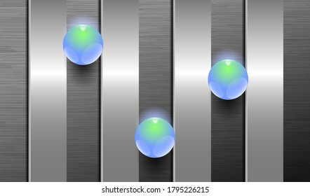Technology background. Perforated metal surface and shiny glass balls. Blue glass balls on metal surface. Vector EPS10
