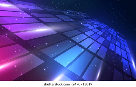 Technology background perspective grid space with glowing light effect. Futuristic design for Technology or Science Event. Perspective Grid with Depth of Field Effect (DOF). Hi-tech and Sci-Fi Vector.