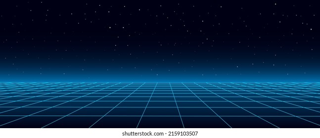 Technology Background Perspective Retro Grid. Futuristic Cyber Surface 80s - 90s Styled. Vector Blue Mesh On A Colorful Background. Digital Space Wireframe Landscape.