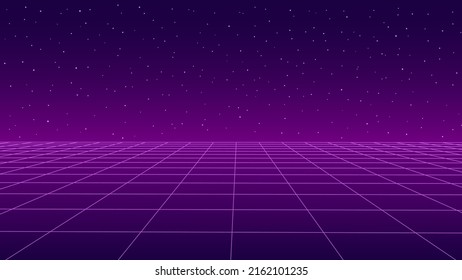 Technology background perspective retro grid. Futuristic cyber surface 80s - 90s styled. Vector pink mesh on a colorful background. Digital space wireframe landscape.