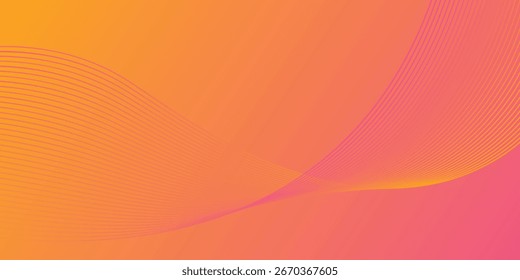 Technology background. Pink yellow gradient. Light lines on orange backdrop. Wave fluid line