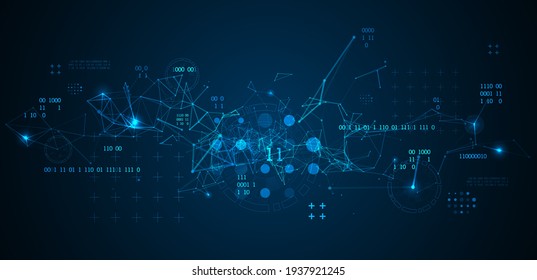 Fondo tecnológico con efecto plexus. Concepto de macrodatos. Código binario del equipo. Ilustración vectorial.