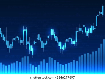Technology background with price charts used to measure the growth, profit, and loss of the company It is a dark blue vector picture with candlestick charts and bar charts behind the number codes.