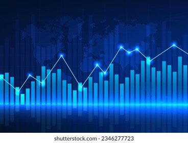 Antecedentes tecnológicos con gráficos de precios utilizados para medir el crecimiento, el beneficio y la pérdida de la empresa Vector ilustración gráfico de línea azul Bar detrás del mapa mundial