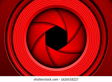 Technology background, red camera photo lens with shutter, vector illustration