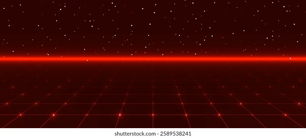 Technology background. Retro perspective grid. Futuristic cyber background. 80s - 90s styled. Wireframe landscape