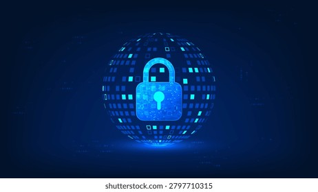 Technology background security lock in front of a spherical structure, representing quantum technology, data protection, advanced encryption, secure computing, cybersecurity, digital security systems.