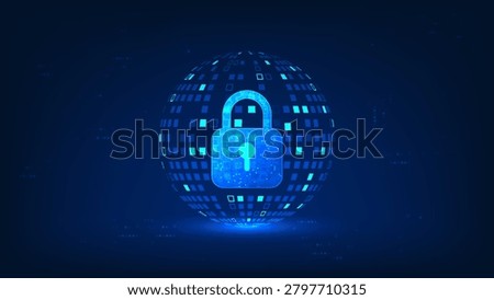 Technology background security lock in front of a spherical structure, representing quantum technology, data protection, advanced encryption, secure computing, cybersecurity, digital security systems.