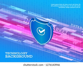Technology background with shield and abstract stream information. Data protection.
