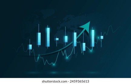 El trasfondo de la Tecnología muestra el gráfico de inversión virtual brillante para el análisis del mercado de valores. Conceptos financieros, de marketing y de planificación