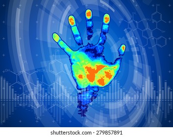 technology background. thermal hand print, blue technology background, chemical formulas and digital wave