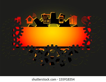 Technology background and this image shows fire behind cogwheel with empty space below to print text banner