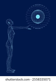 Technology background with three-dimensional body. Wireframe woman touching global from lines, triangles and particle style design. Illustration vector