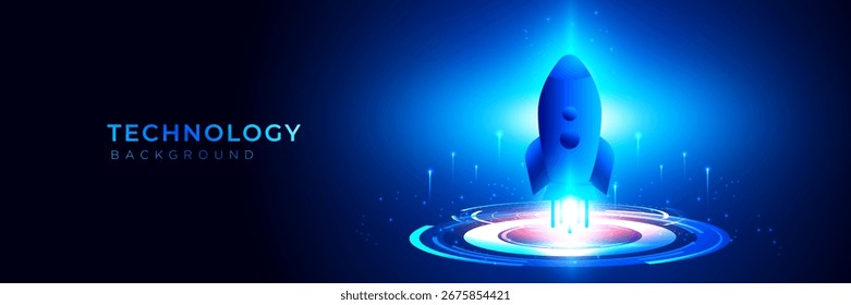Technology background vector with rocket launch and futuristic digital elements in blue light. Perfect for startup, innovation, business growth, space, and modern technology concept.