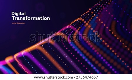 Technology Background With Vibrant Particle Lines And Abstract Digital Motion On Deep Purple. Digital Transformations And Smart Systems. Vector Illustration.