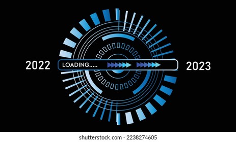 technology background, virtual download bar with loading progress bar for New Year's Eve and changing the new year on black background. Concept of New Year 2023