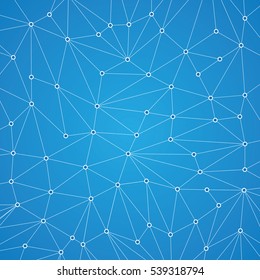 Technology background for web site from white points and circles of connection lines on blue background. Abstract information background. IT-development conception. Neural connections
