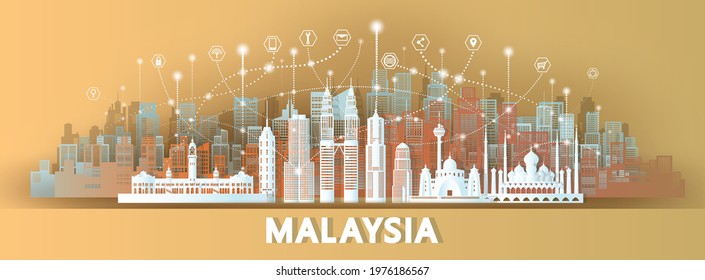 Technology background wireless network communication smart city with architecture in Malaysia asia downtown skyline for design banner technology, Vector illustration for futuristic and panorama view.