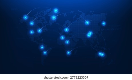 Technology background world map internet network lines and underwater submarine cables, representing global connectivity, data transmission, communication, international networks, worldwide internet