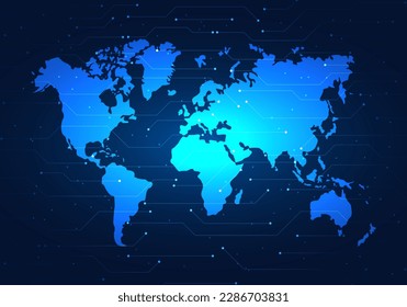 Technology background world map that connects people together Let everyone in the world be able to find information or communicate with each other at any time. Save cost and time