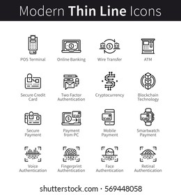 Technology for banking, payment transactions, buying and selling. Modern mobile & desktop security. Blockchain cryptocurrency. Thin black line art icons. Linear style illustrations isolated on white.