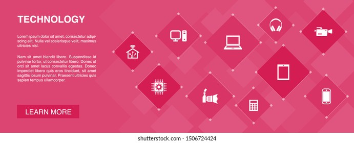 Technology banner 10 icons concept.smart home, photo camera, tablet computer, smartphone icons