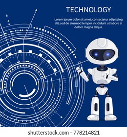 Technology banner with cute glossy cyborg with lilac eyes and white futuristic interface, text sample, many geometric shapes isolated on dark blue