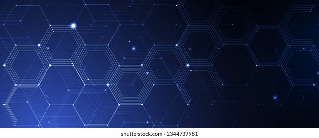 Technology banner design with hexagons abstract background.