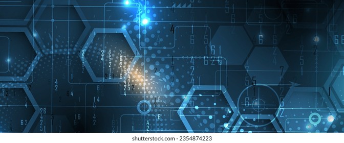 Technology banner design with hexagons abstract background.