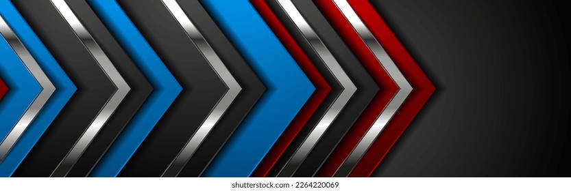 Technology banner design with metallic silver arrows. Abstract geometric black, blue and red vector background