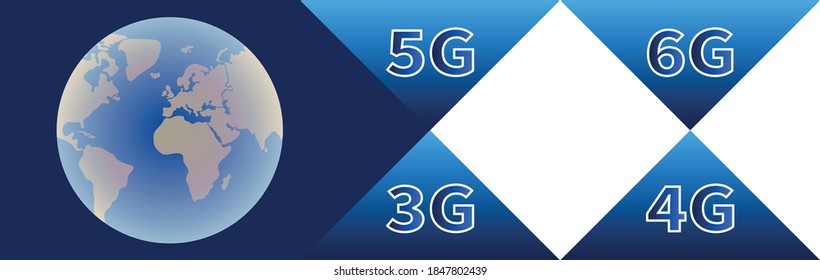 Technology banner. Globe with continents on blue background. High speed data transmission technologies 3G 4G 5G 6G. Mobile communications and telecommunications. Logistic network business concept.