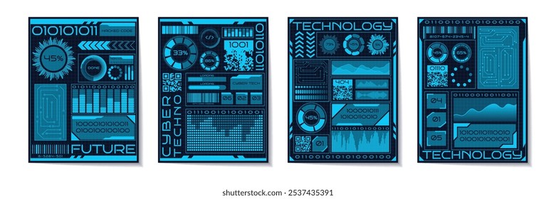 Banner da tecnologia. Fronteira de inovação geométrica Grunge. Design abstrato. Quadro de painel de néon. Infográfico de tecnologia de jogos HUD. Gráfico Cyberpunk. Plano de fundo da interface do usuário. Conjunto de posters futuristas gráficos em forma de garish vetorial
