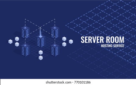 Banner de tecnología con racks de servidores isométricos o unidad de procesamiento en segundo plano de geometría, sala de servidores proxy, alojamiento de sitios web, concepto de centro de datos, ilustración plana de vectores de computadora central