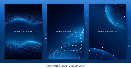 Conjunto de cartazes de banner de tecnologia. Linhas brilhantes de ondas de dados digitais futuristas. Banner técnico de conceito de ciência de dados, apresentação de negócios corporativos ou tecnologia de livreto