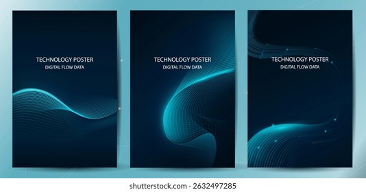 Technology Banner Poster set. Futuristic digital data wave glowing lines. Data science concept tech banner, corporate business presentation or booklet technology