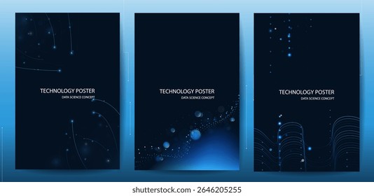 Technology Banner Poster set. Futuristic digital data wave glowing lines. Data science concept tech banner, corporate business presentation or booklet technology