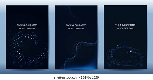 Technology Banner Poster set. Futuristic digital data wave glowing lines. Data science concept tech banner, corporate business presentation or booklet technology