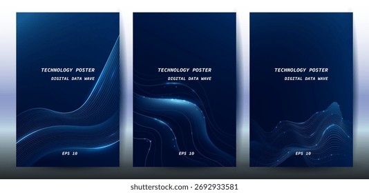 Conjunto de póster de Anuncio de Tecnología. Futurista onda de datos digitales líneas brillantes. Concepto de ciencia de datos Anuncio tecnológico, presentación de negocios corporativos o tecnología de folletos