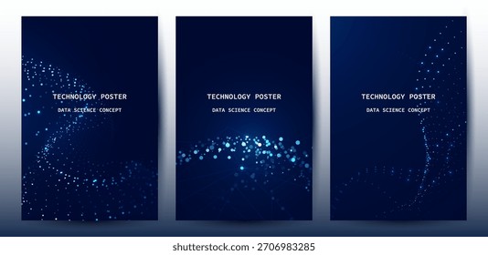 Technology Banner Poster set. Futuristic digital data wave glowing lines. Data science concept tech banner, corporate business presentation or booklet technology