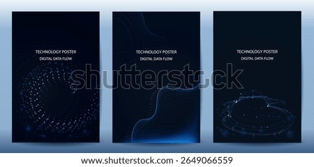 Technology Banner Poster set. Futuristic digital data wave glowing lines. Data science concept tech banner, corporate business presentation or booklet technology