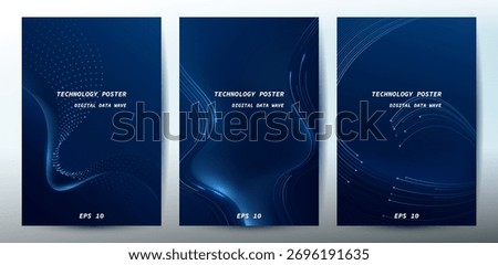 Technology Banner Poster set. Futuristic digital data wave glowing lines. Data science concept tech banner, corporate business presentation or booklet technology