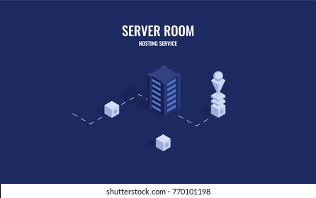 Technology banner with server rack and computer unit, cursor choosing, data traffic concept flat vector illustration