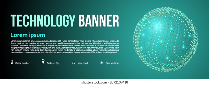 Technology banner with spotted particle sphere, ball and light on cyan gradient background. Futuristic, big data concept 