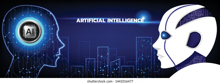 technology banner template, Microchip with head figure and robot on future night city background