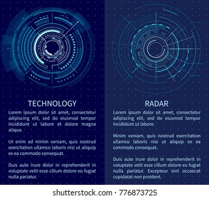Technology banner with two interface patterns vector illustration with text sample various bright lines circles and polygons isolated on dark backdrop